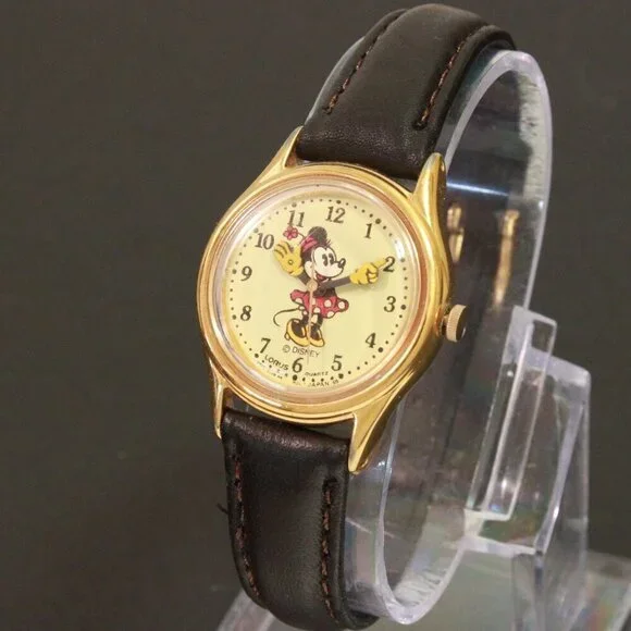 Lorus Ladies Mini Mouse Watch Gold Tone Case New Brown Leather Strap And Battery